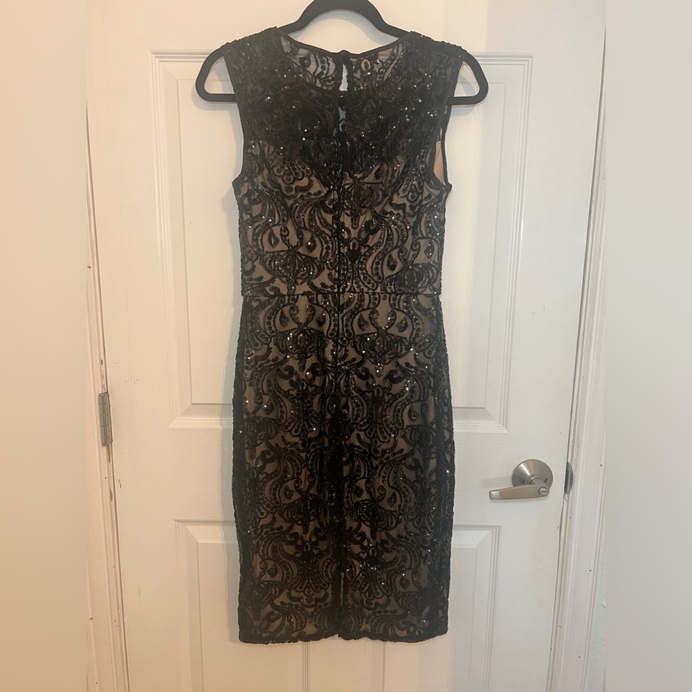 Bisou Bisou black lace with black sequins fitted cocktail dress